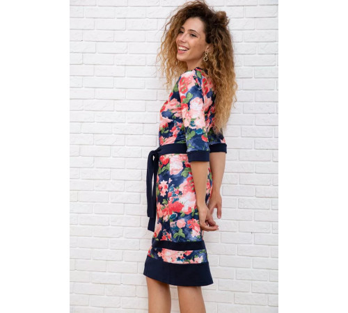 Квітчаста сукня з поясом, синього кольору, 167R161-1