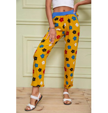 Летние женские брюки, горчичного цвета в принт, 172R064