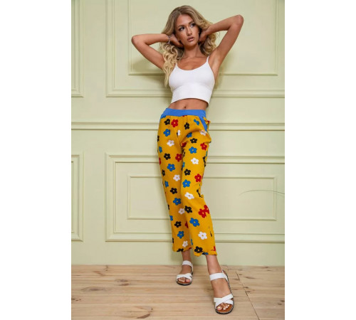 Летние женские брюки, горчичного цвета в принт, 172R064
