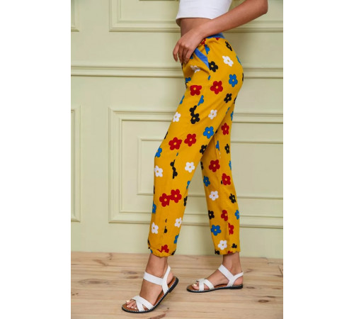 Летние женские брюки, горчичного цвета в принт, 172R064