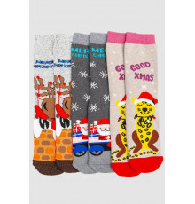 Комплект женских носков новогодних 3 пары, цвет бежевый, темно-серый, светло-серый, 151R255