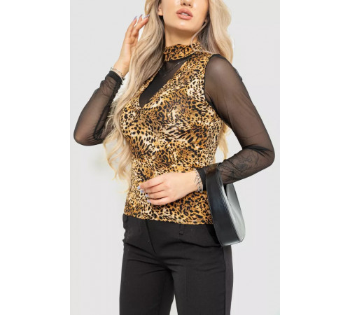 Жіночий лонгслів з рукавом в сітку, колір коричнево-чорний, 186RG400