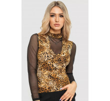 Жіночий лонгслів з рукавом в сітку, колір коричнево-чорний, 186RG400