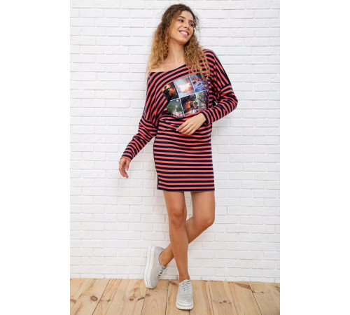 Коротка сукня, в рожево-синю смужку з принтом, 167R149-2