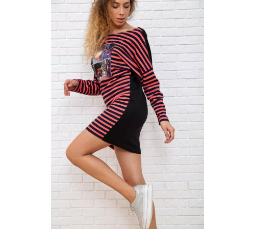 Коротка сукня, в рожево-синю смужку з принтом, 167R149-2