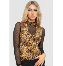 Жіночий лонгслів з рукавом в сітку, колір коричнево-чорний, 186RG400