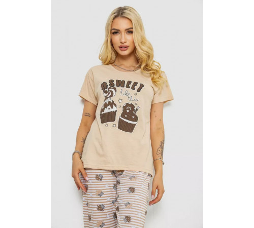 Піжама жіноча з принтом, колір бежевий, 243R2493