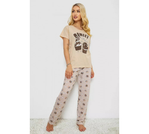 Піжама жіноча з принтом, колір бежевий, 243R2493