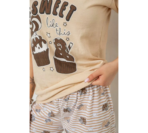 Піжама жіноча з принтом, колір бежевий, 243R2493