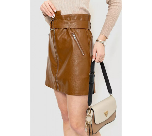 Юбка из экокожи с поясом, цвет коричневый, 186R6612.