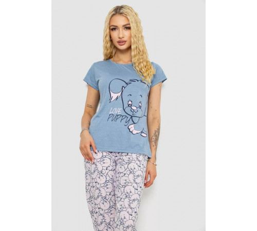 Піжама жіноча з принтом, колір джинс, 243R7105