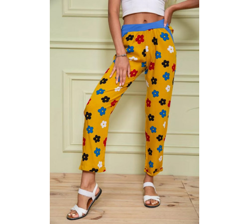 Літні жіночі штани, гірчичного кольору в принт, 172R064