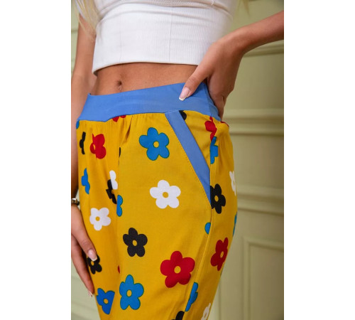 Літні жіночі штани, гірчичного кольору в принт, 172R064