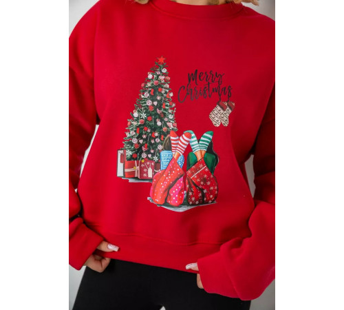 Батник жіночий на флісі з новорічним принтом, колір червоний, 241R4002