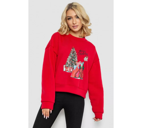 Батник жіночий на флісі з новорічним принтом, колір червоний, 241R4002