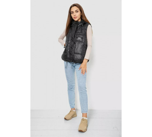 Жилет жіночий однотонний з капюшоном, колір чорний, 244R810