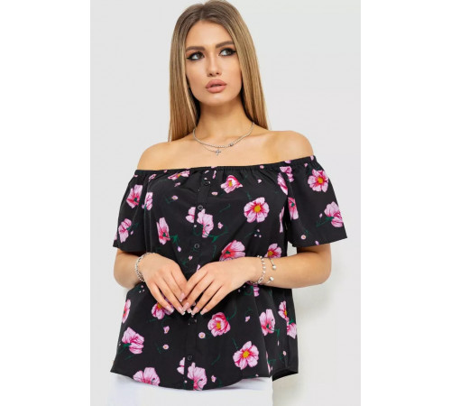 Блуза с цветочным принтом, цвет черно-сиреневый, 244R088.