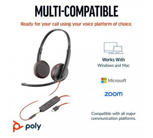 Навушники Poly BlackWire C3225 USB-C HS Stereo +3.5mm Plug +USB-C/A Adapter (Bulk) Black (8X229A6)