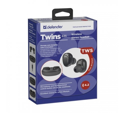Навушники Defender Twins 635 TWS Bluetooth Black (63635) Навушники Defender Twins 635 TWS Bluetooth Black (63635)