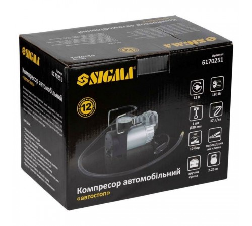 Автомобільний компресор Sigma 12В, 180Вт, 37л/мин, 10бар (6170251) Автомобільний компресор Sigma 12В, 180Вт, 37л/мин, 10бар (6170251)