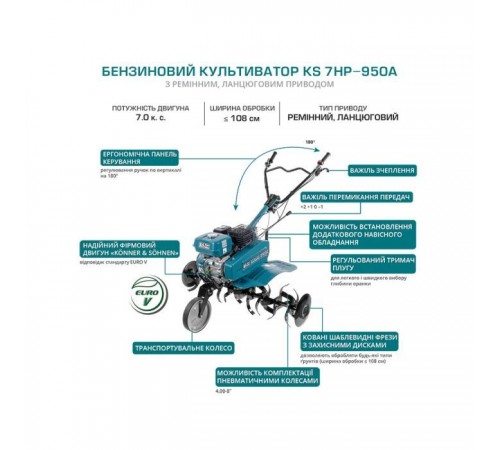 Культиватор Konner&Sohnen бензиновий KS 7HP-950A 7.0кс, 105см, глиб до 31см, 62кг (KS7HP-950A) Культиватор Konner&Sohnen бензиновий KS 7HP-950A 7.0кс, 105см, глиб до 31см, 62кг (KS7HP-950A)