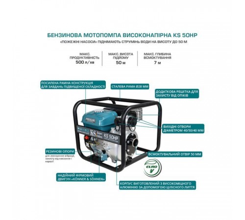 Мотопомпа Konner&Sohnen KS 50HP, високонапірна, 7.0к.с, 500л/хв, 29кг (KS50HP) Мотопомпа Konner&Sohnen KS 50HP, високонапірна, 7.0к.с, 500л/хв, 29кг (KS50HP)