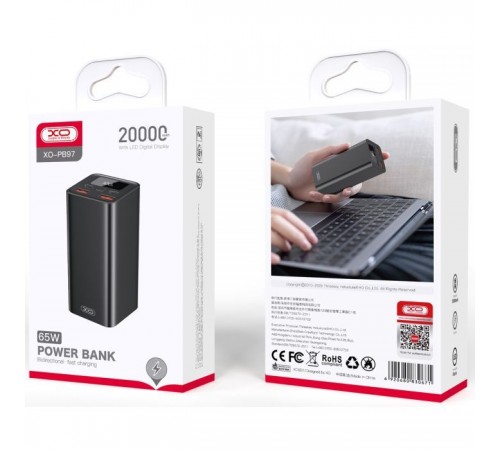 Батарея универсальная XO 20000mAh, PD/65W для ноутбука, QC/22.5W, black (PB97_Black) Батарея универсальная XO 20000mAh, PD/65W для ноутбука, QC/22.5W, black (PB97_Black)