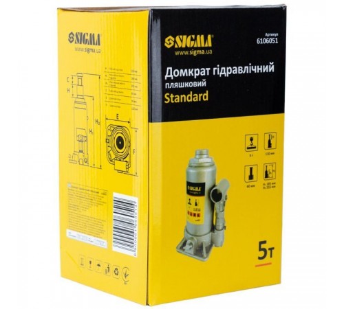 Домкрат Sigma гідравлічний пляшковий 5т H 185-355мм (6106051) Домкрат Sigma гідравлічний пляшковий 5т H 185-355мм (6106051)
