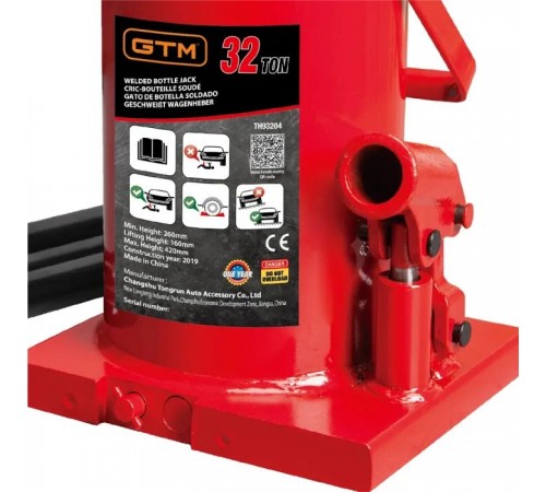 Домкрат GTM гідравлічний пляшковий 32т (260-420мм) (TH93204) Домкрат GTM гідравлічний пляшковий 32т (260-420мм) (TH93204)