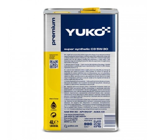 Моторна олива Yuko SUPER SYNTHETIC C3 5W-30 4л (4820070245660) Моторна олива Yuko SUPER SYNTHETIC C3 5W-30 4л (4820070245660)