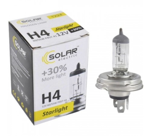 Автолампа SOLAR H4 12V 60/55W P45t-41 Starlight+30 (1224) Автолампа SOLAR H4 12V 60/55W P45t-41 Starlight+30 (1224)
