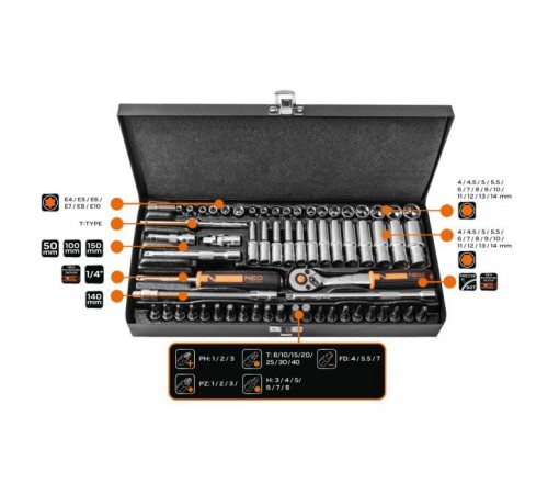 Набор инструментов Neo Tools 63шт, 1/4", CrV, металлический кейс (10-008) Набор инструментов Neo Tools 63шт, 1/4", CrV, металлический кейс (10-008)