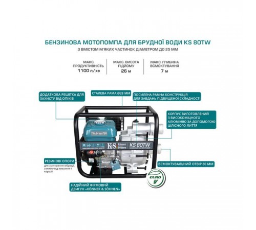 Мотопомпа Konner&Sohnen KS 80TW для брудної води, 7.0к.с, 1100л/хв, 35кг (KS80TW) Мотопомпа Konner&Sohnen KS 80TW для брудної води, 7.0к.с, 1100л/хв, 35кг (KS80TW)