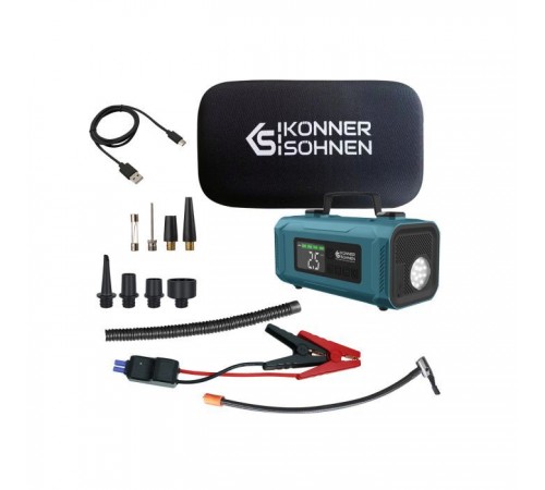 Пуско зарядний пристрій Konner&Sohnen портативний KS JSP-2000 з компресором, 15В, 14800mAh, струм 800А/пік 2000А, USB, 22л/хв, 1.6кг (KSJSP-2000) Пуско зарядний пристрій Konner&Sohnen портативний KS JSP-2000 з компресором, 15В, 14800mAh, струм 800А/пік 2000А, USB, 22л/хв, 1.6кг (KSJSP-2000)