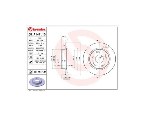 Тормозной диск Brembo 08.A147.10 Тормозной диск Brembo 08.A147.10