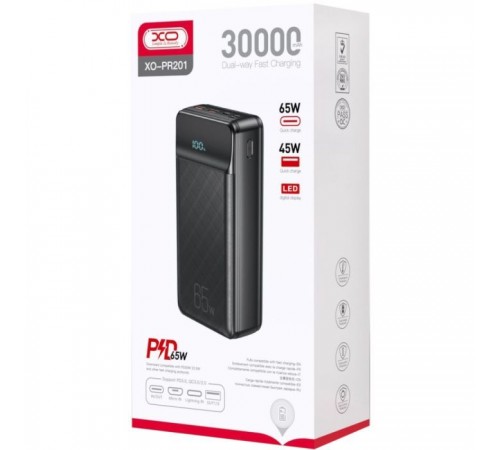 Батарея универсальная XO 30000mAh, PD/65W для ноутбука, QC/22.5W, black (PR201_Black) Батарея универсальная XO 30000mAh, PD/65W для ноутбука, QC/22.5W, black (PR201_Black)